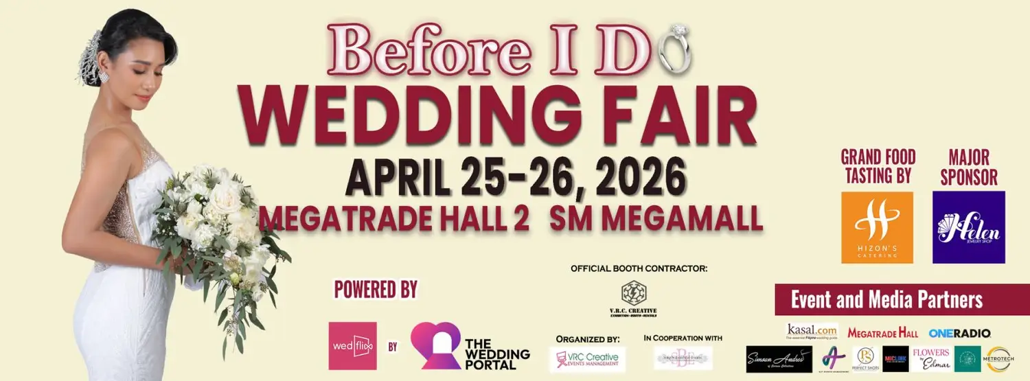 Before I Do Wedding Fair promotional banner featuring a bride holding a bouquet with event details April 25–26, 2026 at Megatrade Hall 2 SM Megamall displayed on beige background